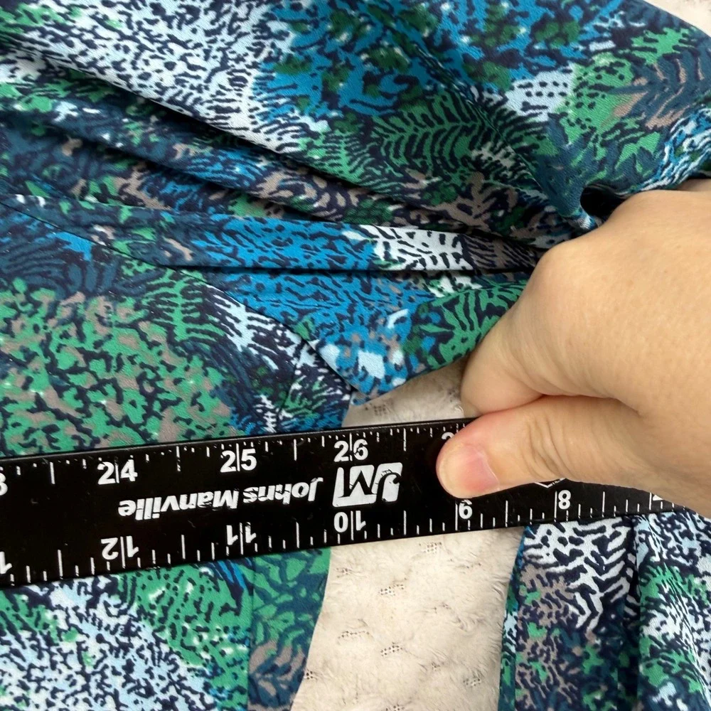 NYDJ Blouse Women XL Blue Green Abstract Botanical 3/4 Sleeve V-Neck S1F0537
